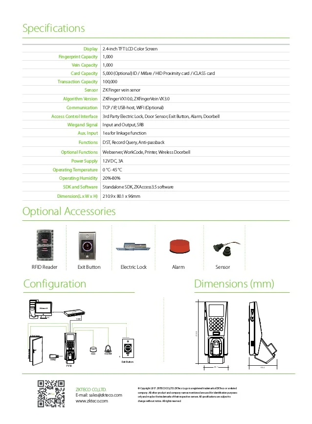 ZKTeco FV18 Multi-biometric Finger Vein & Fingerprint T&A and Access Control Terminal